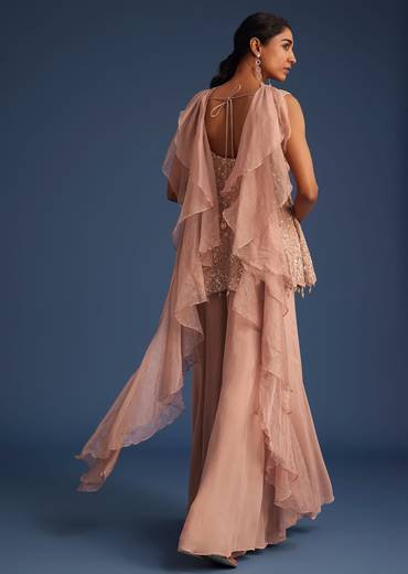 Beige Silk Kurta Set With Georgette Palazzo