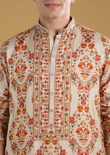 Beige Silk Kurta Set With Thread Motif Detail Work