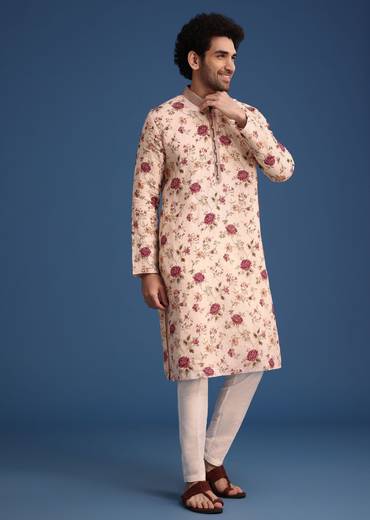 Beige Linen Printed Kurta Set With Floral Motifs