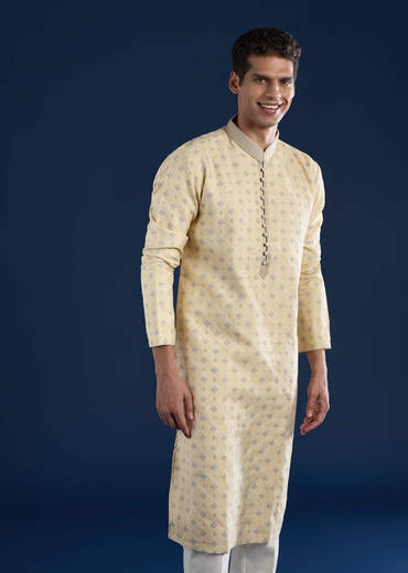 Beige Straight Kurta and Pant Set in Jacquard