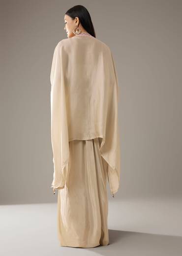 Beige Thread Embroidered Top and Dhoti Skirt Set