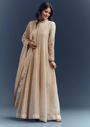 Beige Tissue Anarkali Suit With Delicate Zari Embroidery