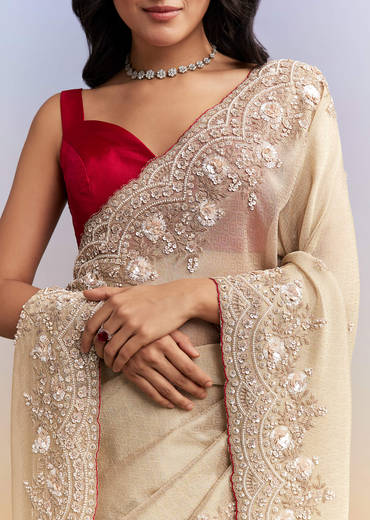 Beige Tissue Jacquard Saree With Heavy Hand Work