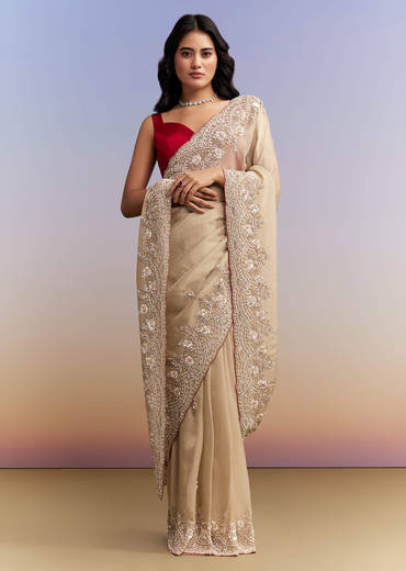 Beige Tissue Jacquard Saree With Heavy Hand Work