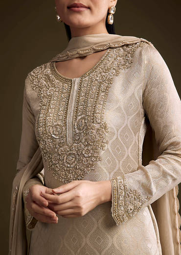 Beige Tissue Palazzo Suit With Banarasi Weave And Sequins Embroidery
