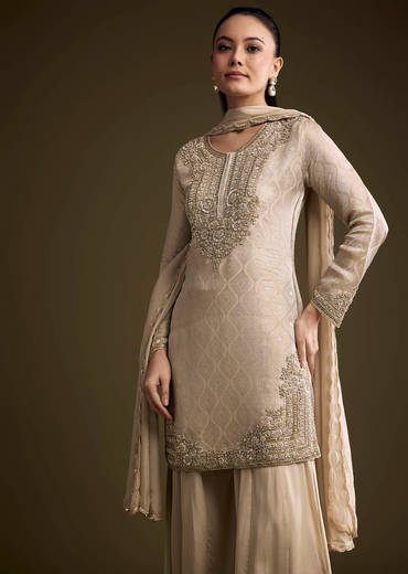 Beige Tissue Palazzo Suit With Banarasi Weave And Sequins Embroidery