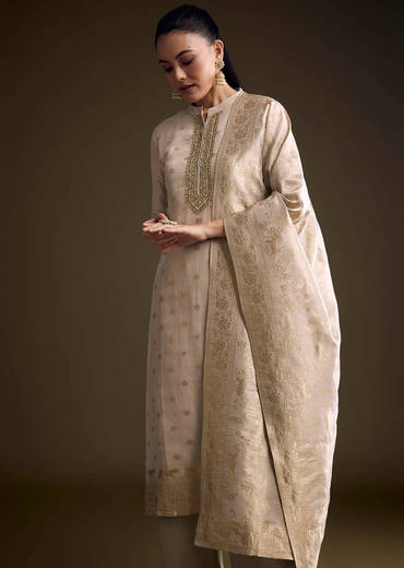 Beige Tissue Palazzo Suit With Banarasi Weave