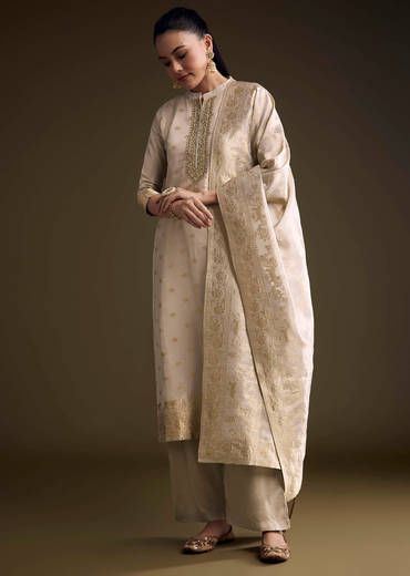 Beige Tissue Palazzo Suit With Banarasi Weave