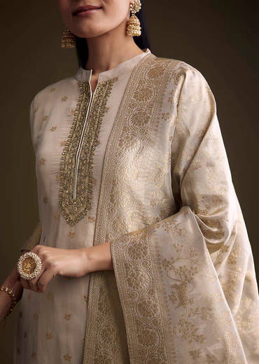 Beige Tissue Palazzo Suit With Banarasi Weave