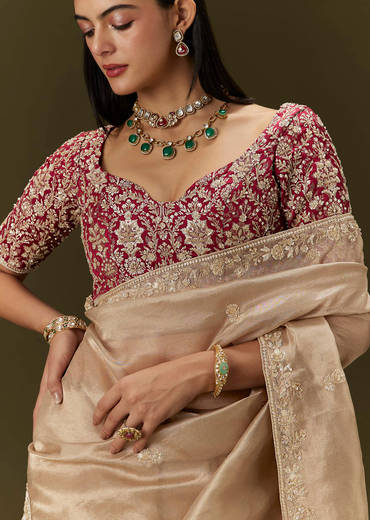 Beige Tissue Saree With Embroidered Brocade Blouse