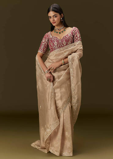 Beige Tissue Saree With Embroidered Brocade Blouse