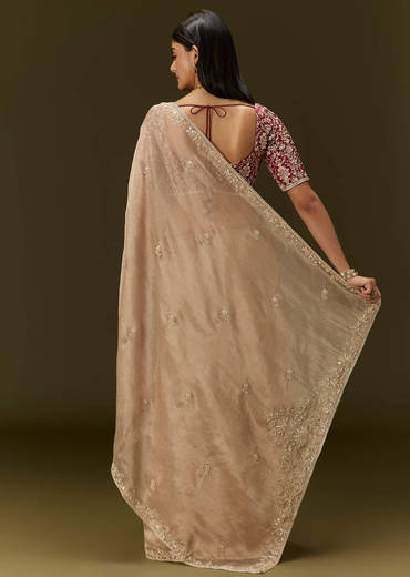 Beige Tissue Saree With Embroidered Brocade Blouse