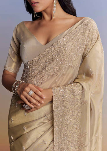 Beige Tissue Saree With Hand Embroidery With Cutdana And Sequins