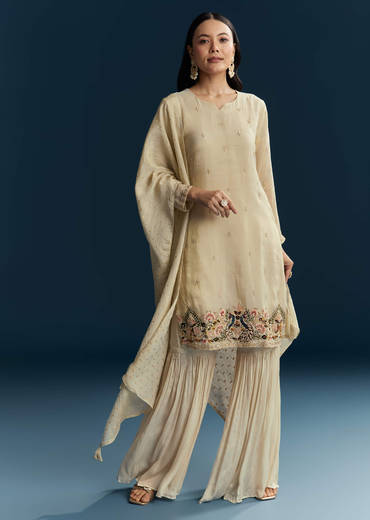 Beige Tissue Sharara Suit With Zardosi And Thread Work