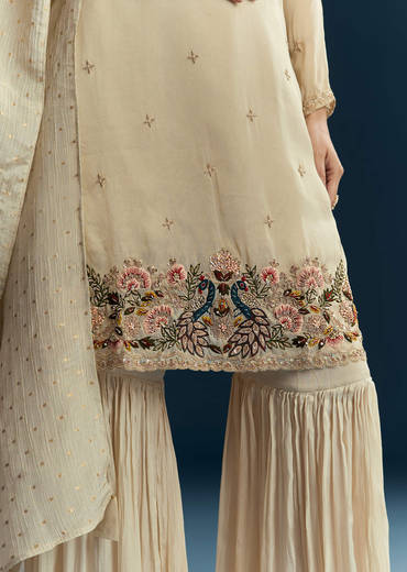 Beige Tissue Sharara Suit With Zardosi And Thread Work