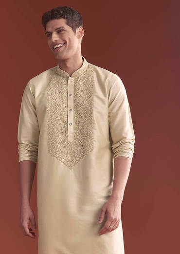 Beige Tussar Kurta Set For Men With Embroidery