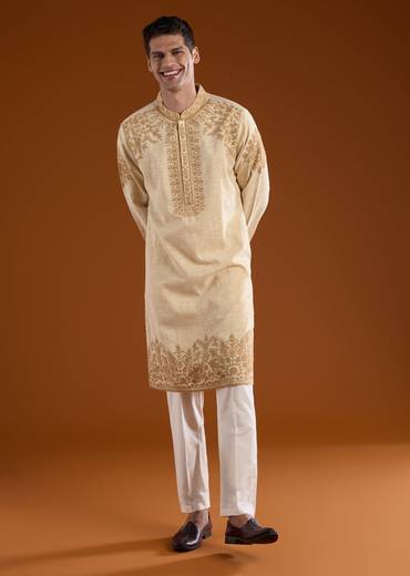 Beige Viscose Embroidered Mens Kurta Pant Set