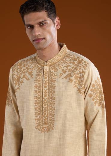Beige Viscose Embroidered Mens Kurta Pant Set