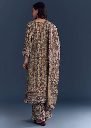 Beige Wine Crepe Kurta Set With Floral Print