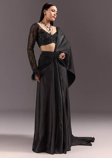 Black 3D Patchwork Cutdana Drape Saree With Sleeveless Overlap Blouse