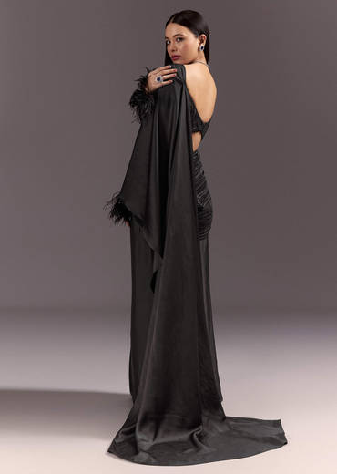 Black 3D Patchwork Cutdana Drape Saree With Sleeveless Overlap Blouse