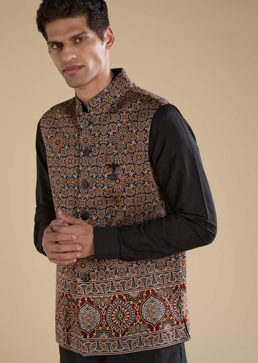 Black Ajrakh Print Mens Jacket Kurta and Pant Set