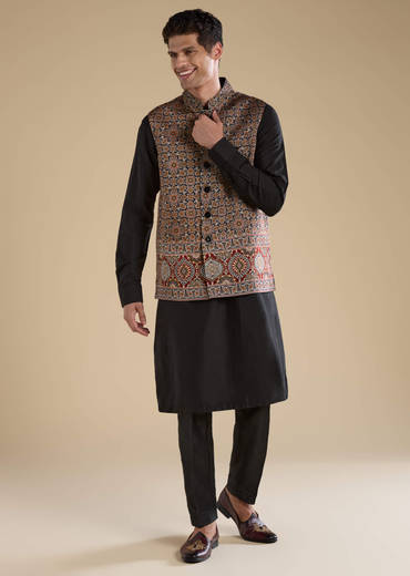 Black Ajrakh Print Mens Jacket Kurta and Pant Set
