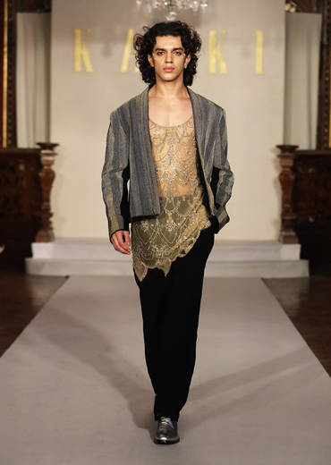 Black And Gold Indo Western Net Blazer Suit For Men With Beaded Work