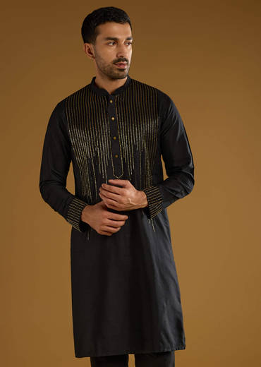 Black Banarasi Silk Kurta Set For Men With Cutdana Work