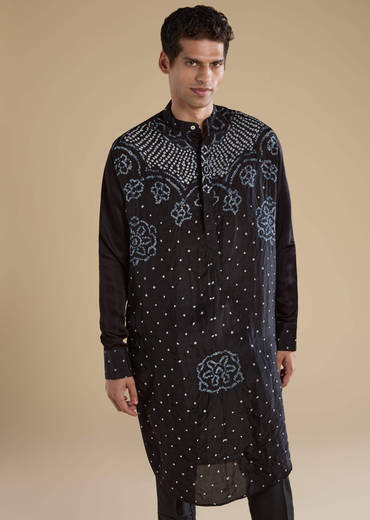 Black Bandhani Silk Mens Kurta and Pant Set