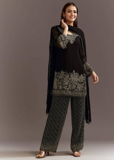 Black Beads Work Kurta Dupatta Set With Fully Beaded Pant