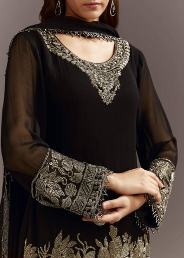 Black Beads Work Kurta Dupatta Set With Fully Beaded Pant