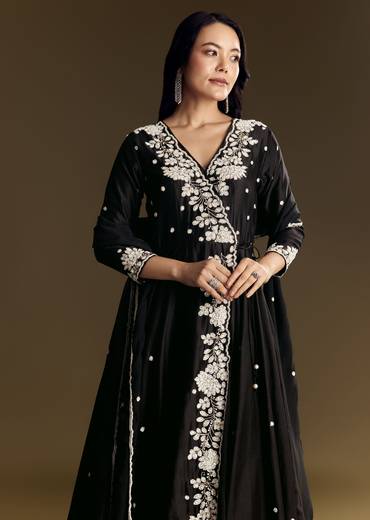 Black Chanderi Anarkali Suit With Moti And Sequins Work