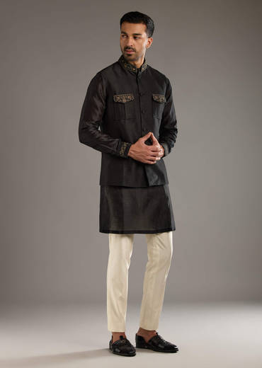Black Chanderi Linen Kurta Jacket Set For Men With Dori Work