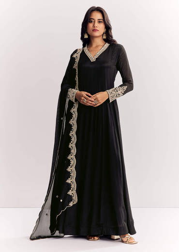 Black Chinon Anarkali Suit With Zardosi Work And Embroidered Dupatta