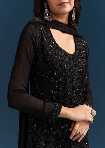 Black Chinon Palazzo Suit With Cut Dana And Sequins Work