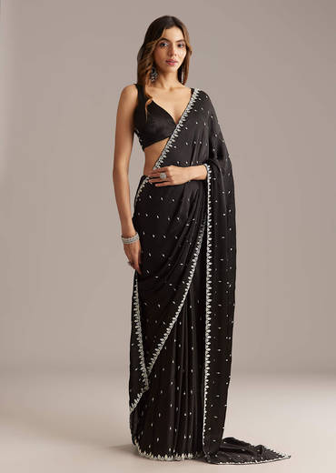 Black Chinon Saree With Stone And Cutdana Embroidery