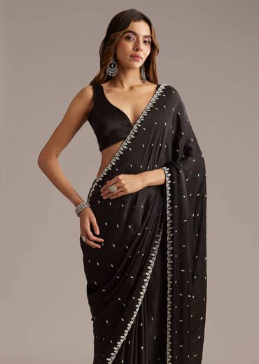 Black Chinon Saree With Stone And Cutdana Embroidery