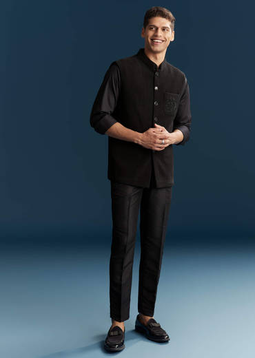 Black Corduroy Kurta Jacket Set For Men With Embroidery