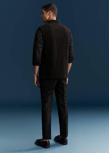 Black Corduroy Kurta Jacket Set For Men With Embroidery