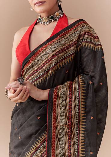 Black Cotton Linen Saree with Blouse Fabric