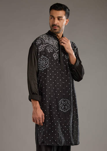 Black Cotton Silk Kurta Set For Men With Hand Dyed Bandhani Print
