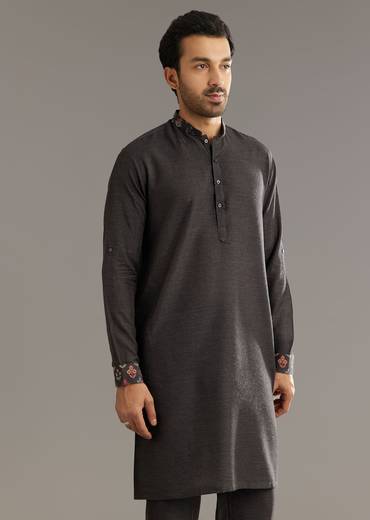 Black Cotton Silk Kurta Set With Symmetric Floral Threadwork
