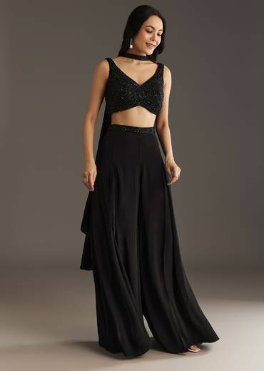 Black Crepe Embroidered Croptop With Embroidered Palazzo And Choker Dupatta