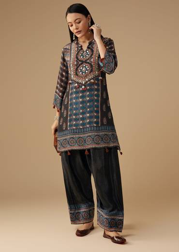 Black Crepe Indie Printed Kurta and Pant Set