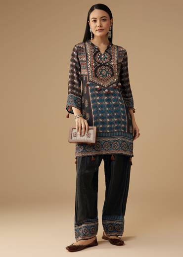 Black Crepe Indie Printed Kurta and Pant Set