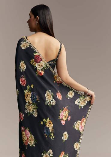Black Crepe Saree With Floral Digital Print And Embroidered Border