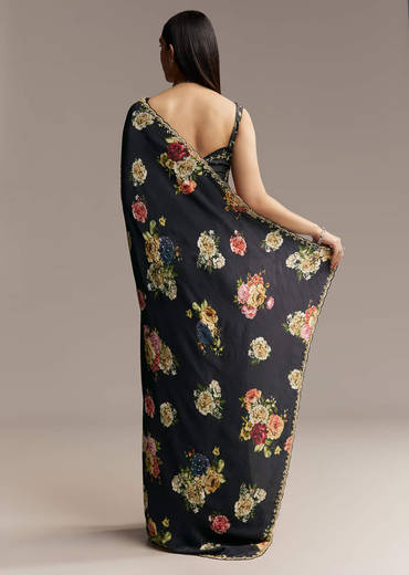 Black Crepe Saree With Floral Digital Print And Embroidered Border