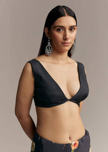 Black Crepe Saree With Floral Digital Print And Sequin Border