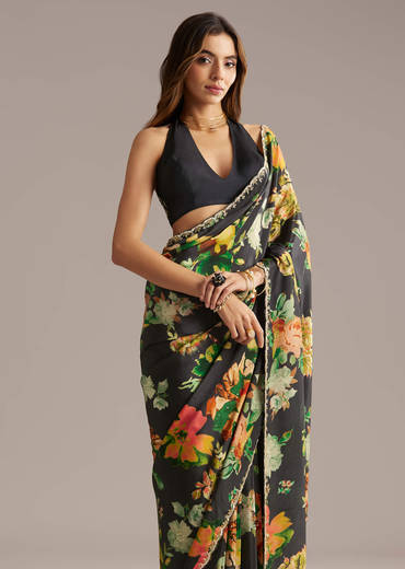 Black Crepe Saree With Floral Print And Stone Embroidery
